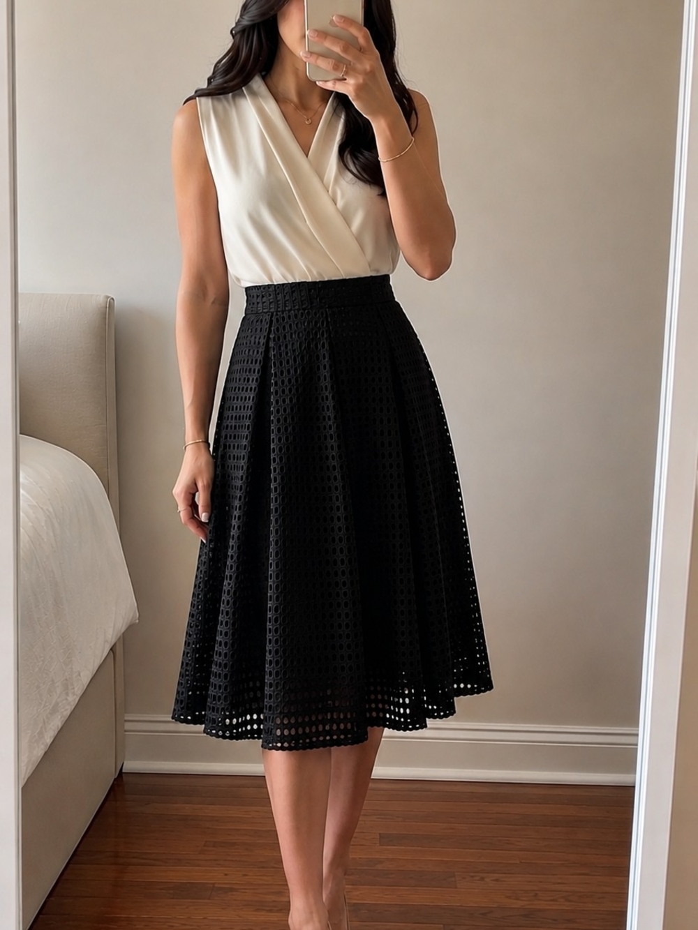 H&M Black Eyelet A-Line Midi Skirt
